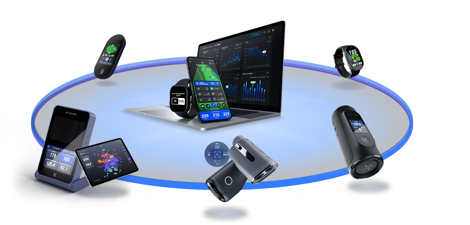 Blue Tees GAME app connected across mobile, post-game analytics, and golf devices
